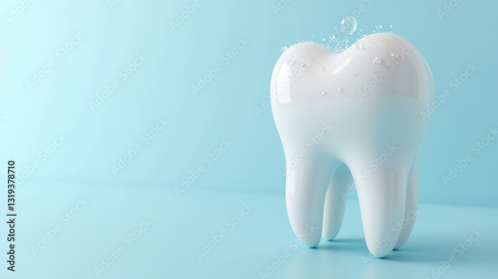 shiny white tooth with bubbles on light blue background, symbolizing dental hygiene and care shiny white tooth with bubbles on light blue background, symbolizing dental hygiene and care