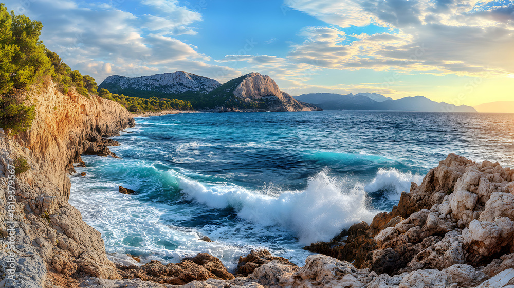 Fototapeta premium Majestic Mediterranean Seascape with Rugged Coastline and Dynamic Turquoise Waves Splashing