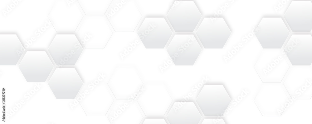 White and gray hexagon abstract technology background. Tech or science concept seamless bright honeycomb banner design. 
