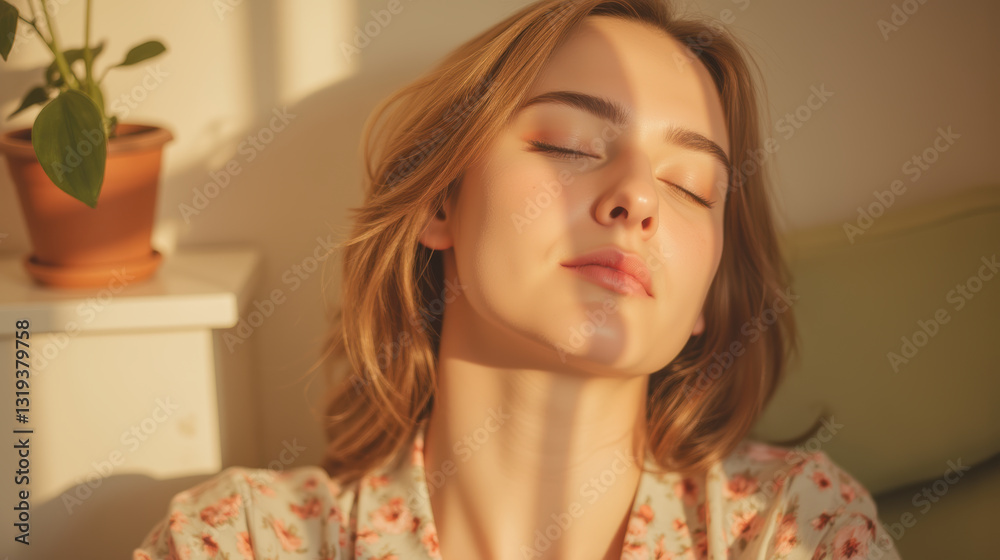 serene woman with closed eyes enjoys sunlight streaming through window, creating soft shadows on her face serene woman with closed eyes enjoys sunlight streaming through window, creating soft shadows on her face