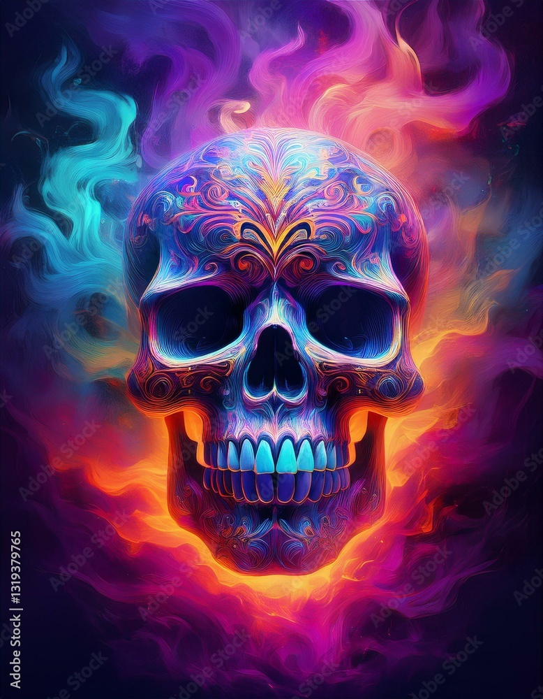 Generated image A surreal Día de Muertos-inspired design featuring a glowing skull surrounded by swirling Generated image A surreal Día de Muertos-inspired design featuring a glowing skull surrounded by swirling
