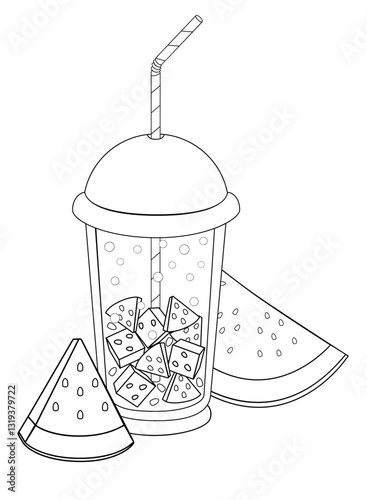 Watermelon Juice. Summer, refreshing, carbonated, oxygen drink from watermelon with pulp in a glass with a lid and a drinking straw. A glass with a drink and slices of watermelon next to it - vector	