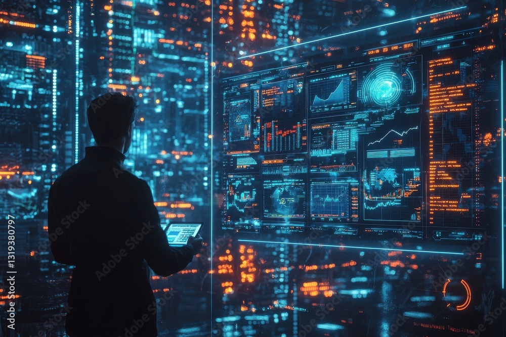 a person analyzing a complex digital interface, surrounded by glowing screens showcasing data and analytics a person analyzing a complex digital interface, surrounded by glowing screens showcasing data and analytics