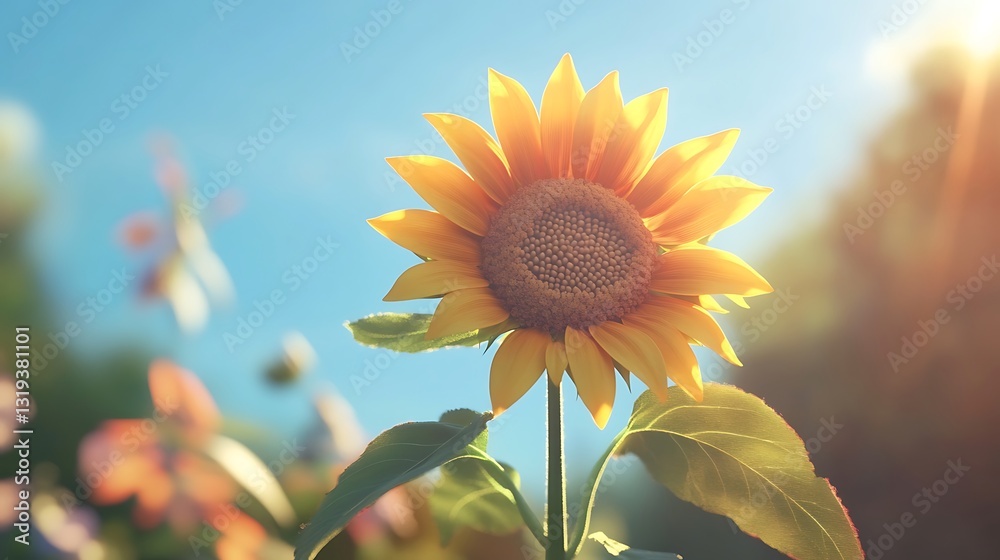 Naklejka premium Majestic sunflower towering over green leaves high resolution picture