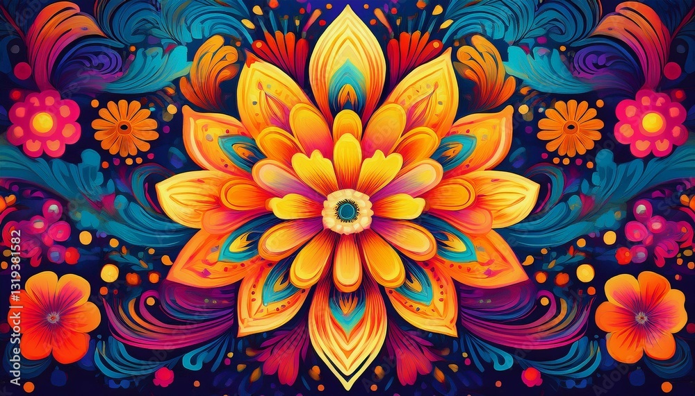 Generated image An explosion of vibrant color in a Día de Muertos-inspired floral pattern Generated image An explosion of vibrant color in a Día de Muertos-inspired floral pattern