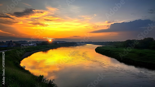 Vibrant Sunset Over Reflective River With Golden Sky and Dramatic Clouds at Twilight Hour
