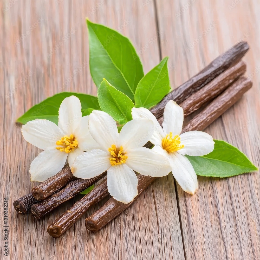 Captivating display of vanilla sticks alongside lovely vanilla flowers arranged on a rustic wooden table surface Captivating display of vanilla sticks alongside lovely vanilla flowers arranged on a rustic wooden table surface