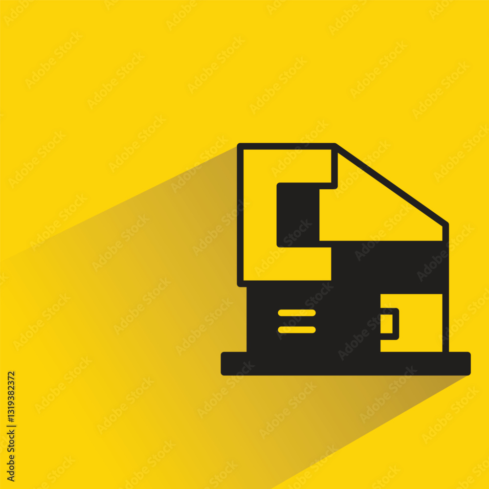 modern house building icon with shadow on yellow background modern house building icon with shadow on yellow background