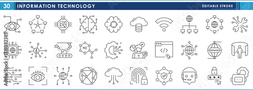 A set of line icons related to Information Technology. IT, computing, chips, developer, digital, industrial, connection, vision, and so on. Vector editable stroke.