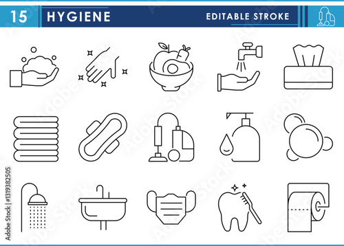 A set of line icons related to Hygiene. Health, food, clean, wash, tissue paper, sanitary pad, and so on. Vector editable stroke.