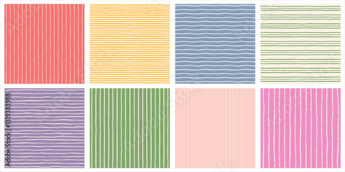 Pinstripes, thin narrow regular stripes seamless repeat vector patterns collection. Hand drawn doodle uneven parallel bars streaks striped backgrounds set. Chalk crayon brush endless lines, strokes.