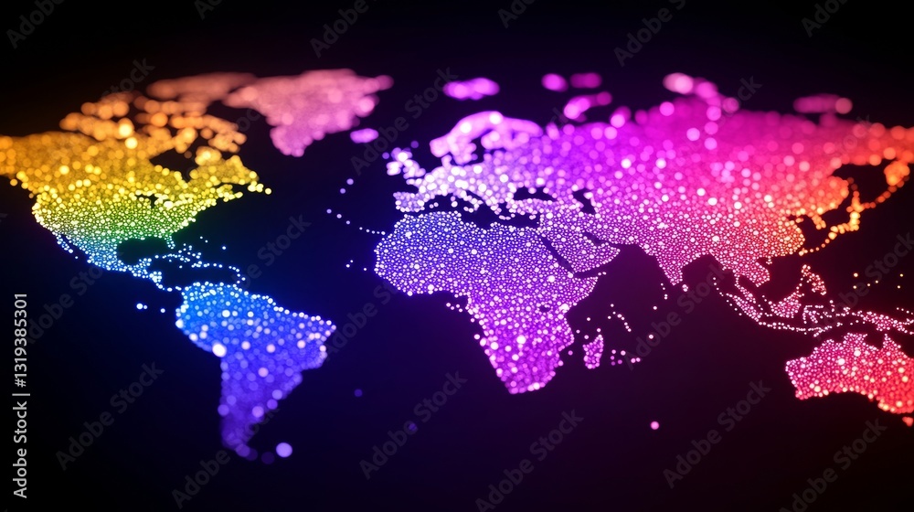 Fototapeta premium A vibrant, colorful world map depicted as glowing particles, illustrating global connectivity and unity.