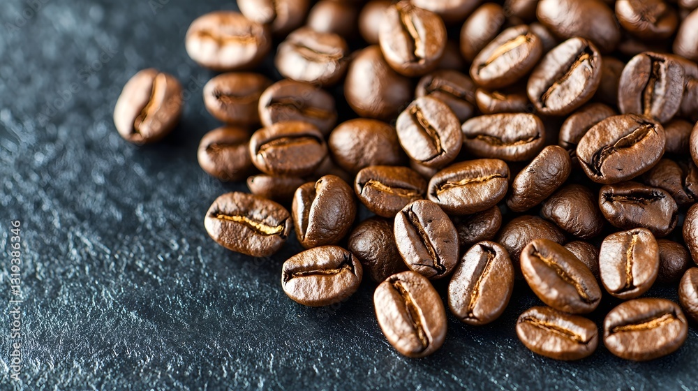 Naklejka premium Closeup of Aromatic Roasted Coffee Beans on Glossy Black Surface with Dramatic Lighting