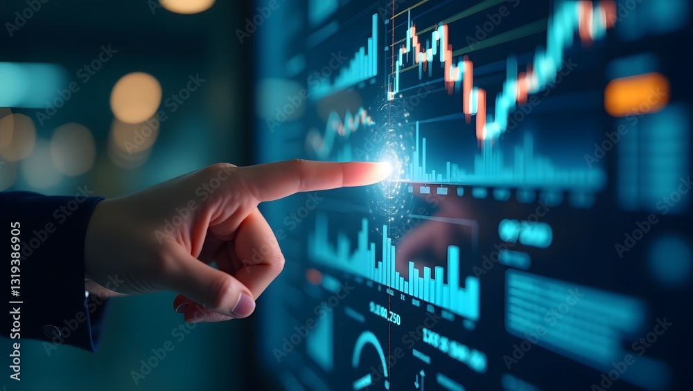 Businessman analyzing financial data on a futuristic digital screen Businessman analyzing financial data on a futuristic digital screen