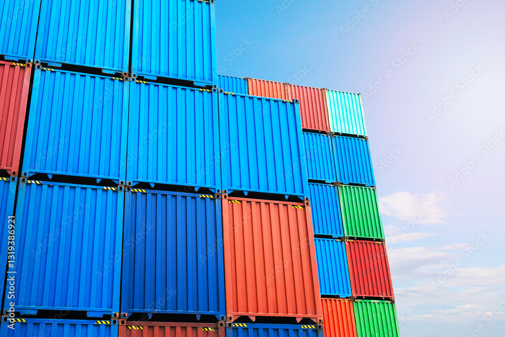 Fototapeta premium Colorful of Stacked Shipping Containers. Handling of Logistic Transportation Industry. Cargo Container ships, Freight Trucks Import-Export. Warehouse Port. Shipping Logistics Transportation. 