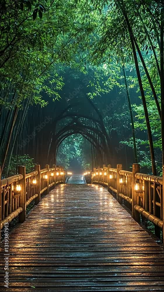 Serene bamboo pathway illuminated by soft lights in a tranquil forest