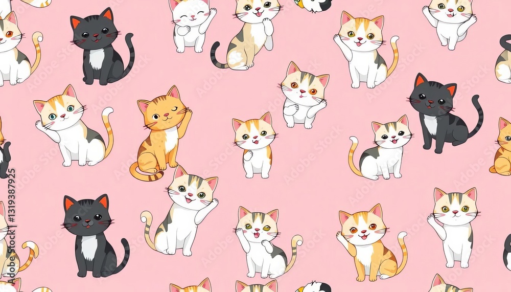 Fototapeta premium Adorable cartoon cats in playful poses on a soft pink background, forming a repeating seamless pattern, trendy, design element