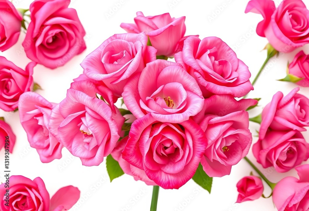 A cluster of vibrant pink roses, petals unfurled, isolated on pure white background, romance, love A cluster of vibrant pink roses, petals unfurled, isolated on pure white background, romance, love
