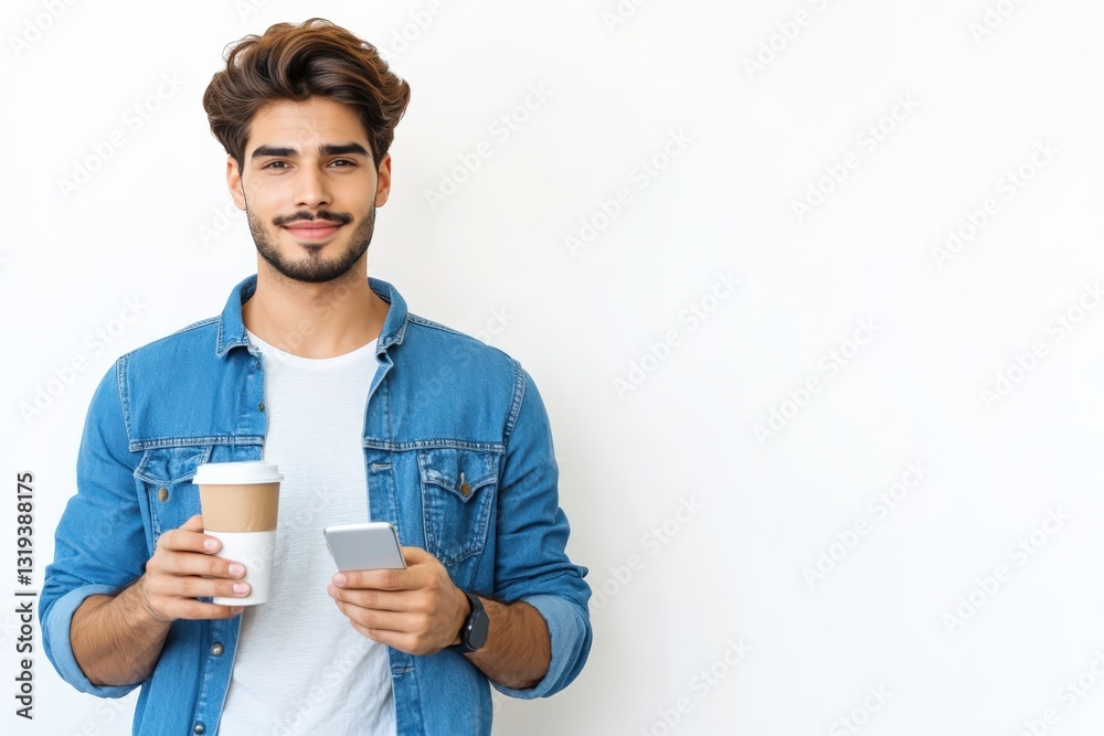 Young Man Enjoying Coffee and Smartphone Urban Cafe Lifestyle Shot Bright Environment Casual Viewpoint Young Man Enjoying Coffee and Smartphone Urban Cafe Lifestyle Shot Bright Environment Casual Viewpoint