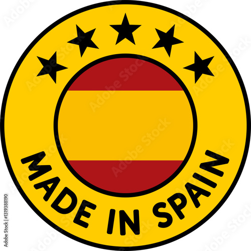 Insignia, pegatina o icono de 'Made in Spain' que simboliza la calidad y el origen de los productos españoles. Vector ligero y escalable para la web. Fondo en amarillo. Alta resolución.