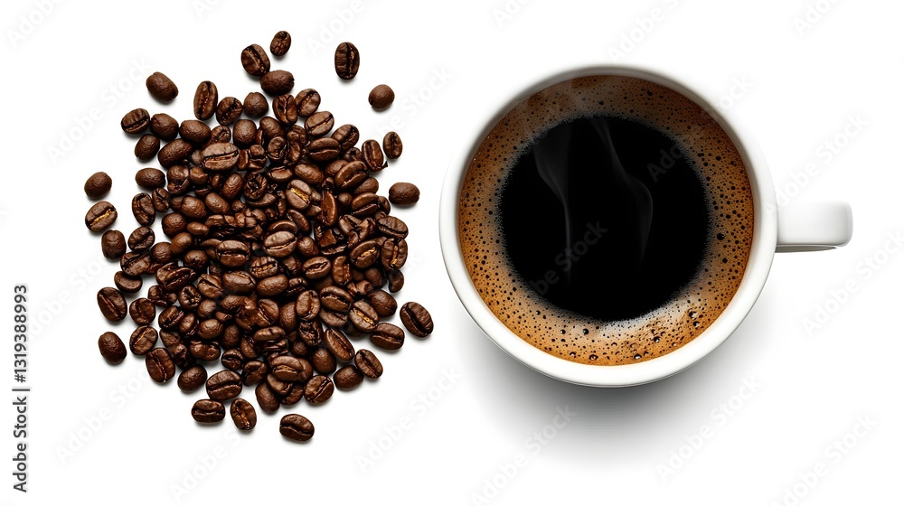 Steaming Cup of Coffee Next to Pile of Roasted Coffee Beans on White Background Steaming Cup of Coffee Next to Pile of Roasted Coffee Beans on White Background