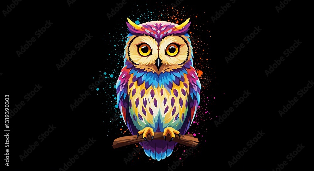 Obraz premium Illustration of a vibrant owl with watercolor splatters - symbolic wisdom - digital art platforms