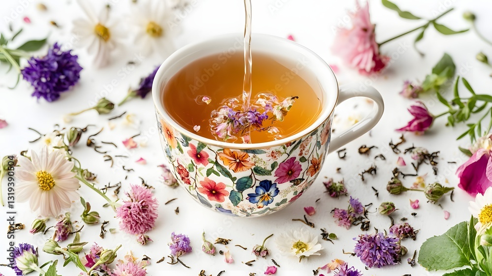 Overhead Pouring of Floral-Patterned Tea Cup Surrounded by Loose Flowers on Minimal White Background Overhead Pouring of Floral-Patterned Tea Cup Surrounded by Loose Flowers on Minimal White Background