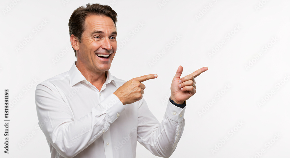 Happy Businessman Pointing in White Shirt Against White Background Happy Businessman Pointing in White Shirt Against White Background