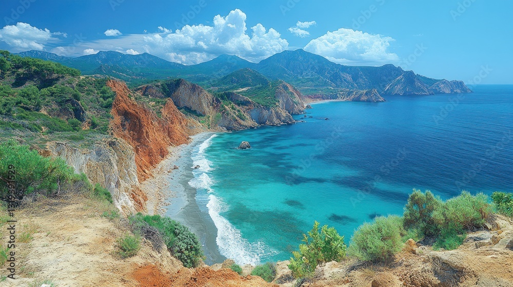 Fototapeta premium Stunning coastal scenery with vibrant turquoise waters, dramatic cliffs, and lush vegetation