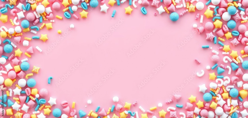 Pastel sprinkles border frame on pink, central copy space Sugar dots & stars Festive bakery, cake decoration, pastel, candy Pastel sprinkles border frame on pink, central copy space Sugar dots & stars Festive bakery, cake decoration, pastel, candy