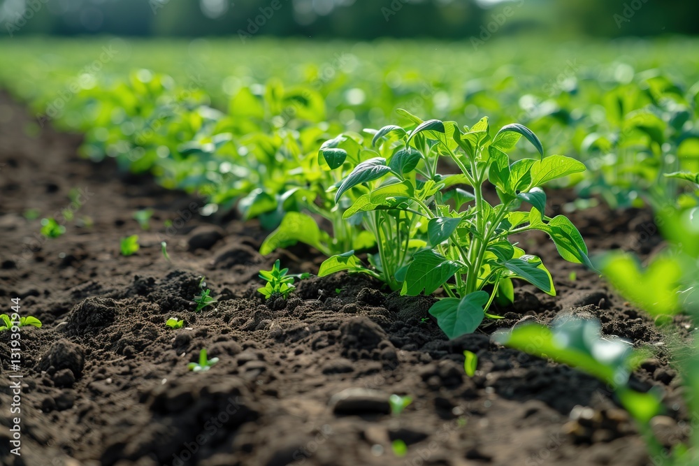 Young green seedlings growing in fertile soil on agricultural farm field during spring season with rows of crops in background, copy space. Sustainable agriculture, organic farming, food production Young green seedlings growing in fertile soil on agricultural farm field during spring season with rows of crops in background, copy space. Sustainable agriculture, organic farming, food production