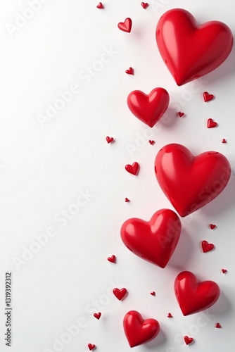 Red heart shapes falling against white background for Valentine's Day card, celebration, February, love