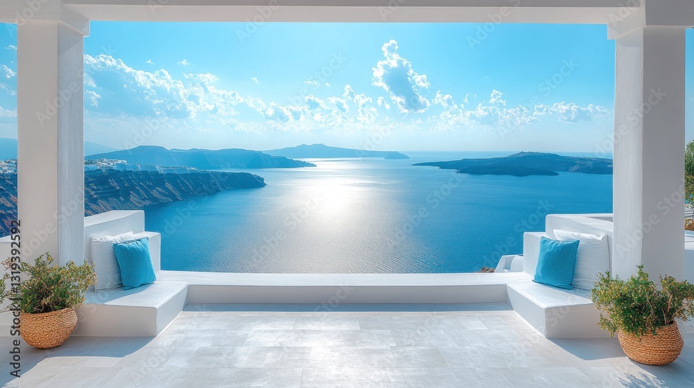 Fototapeta premium White veranda overlooking Aegean Sea