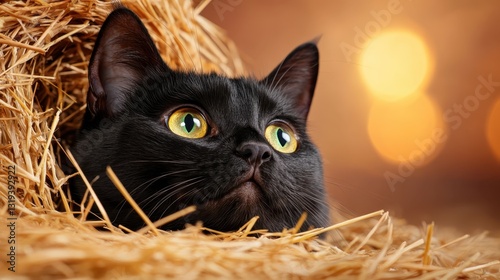 A lovely black cat nestled in a hay haven, with bright eyes that reflect curiosity and joy, capturing the serene beauty of domestic life and cat companionship.