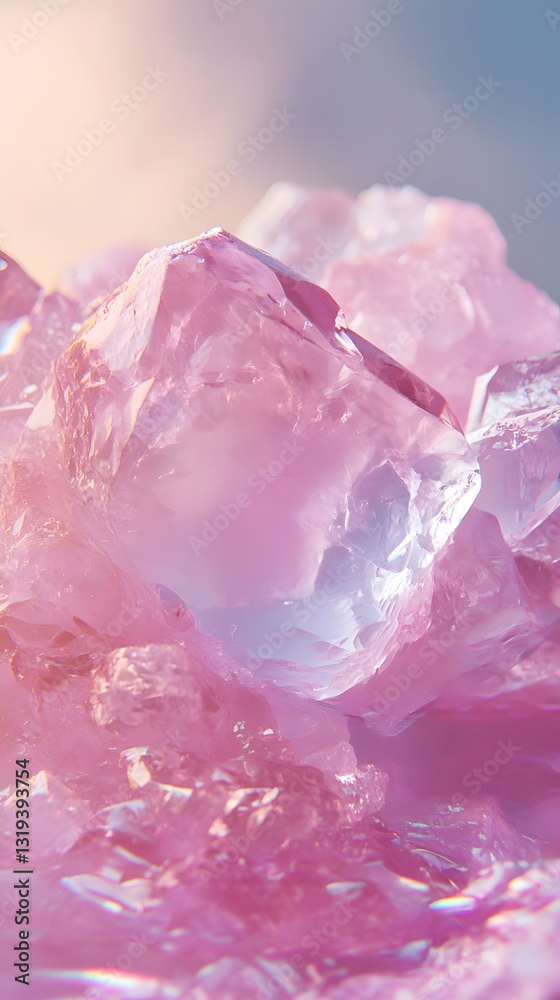 Fototapeta premium Rose Quartz: A stunning close-up of rose quartz crystals. The crystals are bathed in soft, natural light.