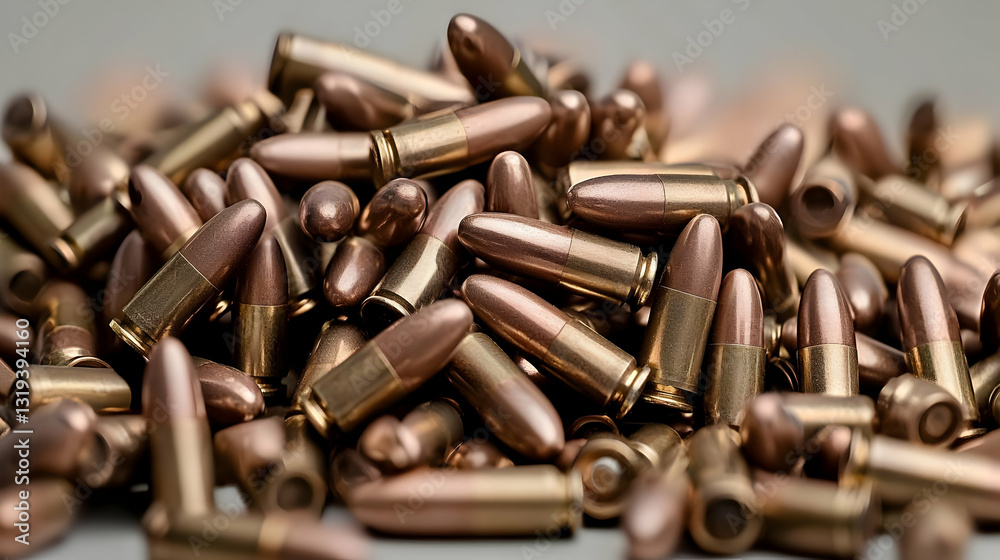 A Large Pile Of Copper And Brass 9mm Bullets On A Gray Table In A Close Up Studio Shot With Soft Lighting A Large Pile Of Copper And Brass 9mm Bullets On A Gray Table In A Close Up Studio Shot With Soft Lighting