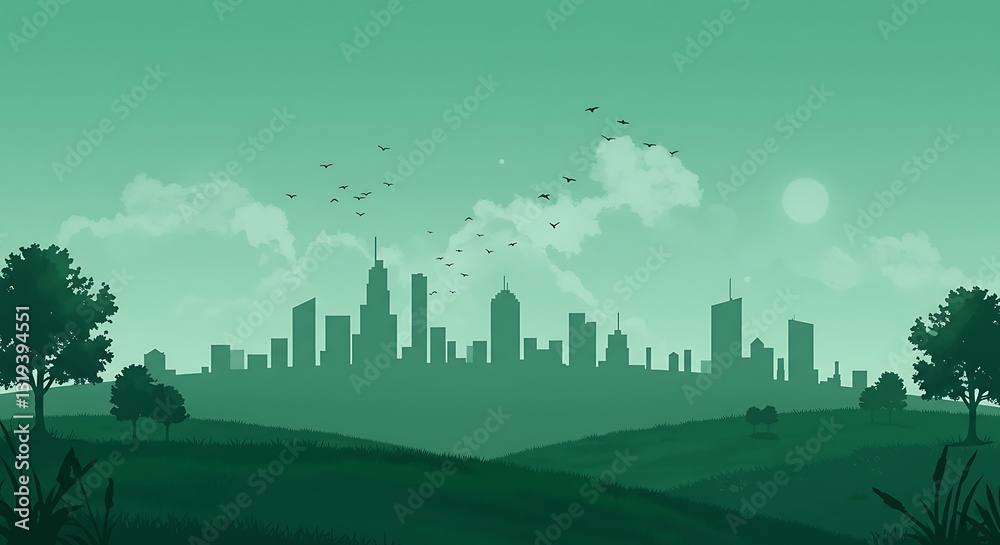 Fototapeta premium Stylized cityscape - Serenity and progress balance - For eco-conscious design or urban development presentations