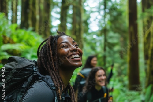 Group of friends hiking through a lush rainforest, energetic and connected