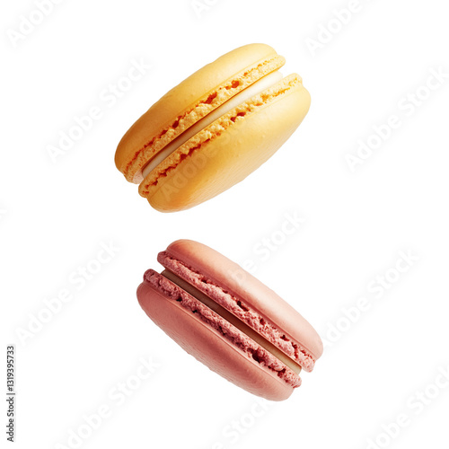 Colourful macrons flying in the air isolated on transparent white background, png. 