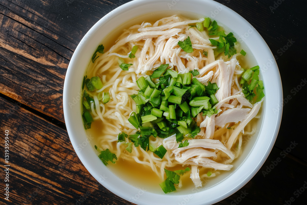 Warm chicken noodle soup with fresh herbs served in a white bowl on a rustic wooden table Warm chicken noodle soup with fresh herbs served in a white bowl on a rustic wooden table