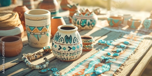 Wallpaper Mural Native American Pottery and Handcrafted Jewelry on Rustic Wooden Table in Southwestern Cultural Display Torontodigital.ca
