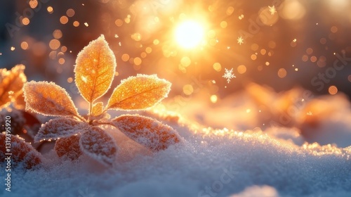 Frozen leaves bathed in golden sunlight on snow