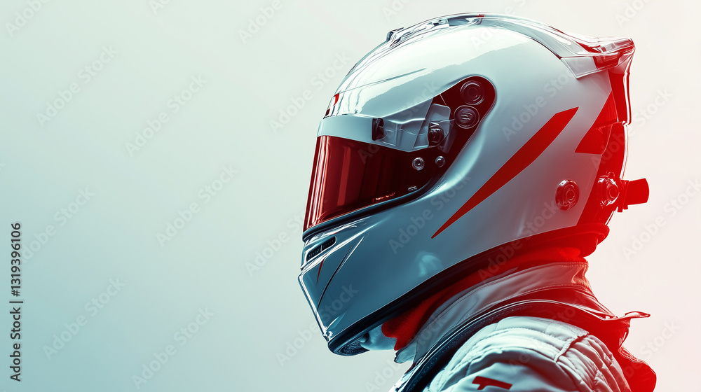 Naklejka premium close up image of racing driver wearing white helmet, standing in a black background, car racer concept championship