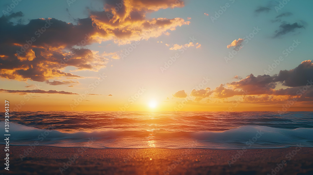 Fototapeta premium Golden Sunset Over Tranquil Ocean Waves at Sandy Beach with Vibrant Cloudscape
