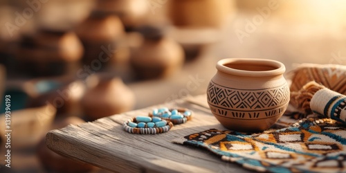 Wallpaper Mural Native American Pottery with Woven Textiles and Turquoise Jewelry in Rustic Outdoor Southwestern Setting Torontodigital.ca
