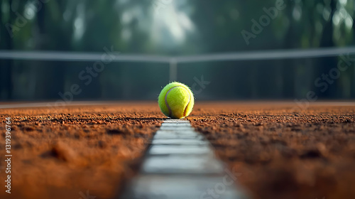 Bright Yellow Tennis Ball On Red Clay Court White Line With Net In Background During Sunny Day