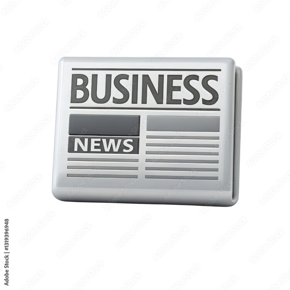 3D business newspaper icon featuring words BUSINESS and NEWS prominently displayed. Ideal for corporate themes