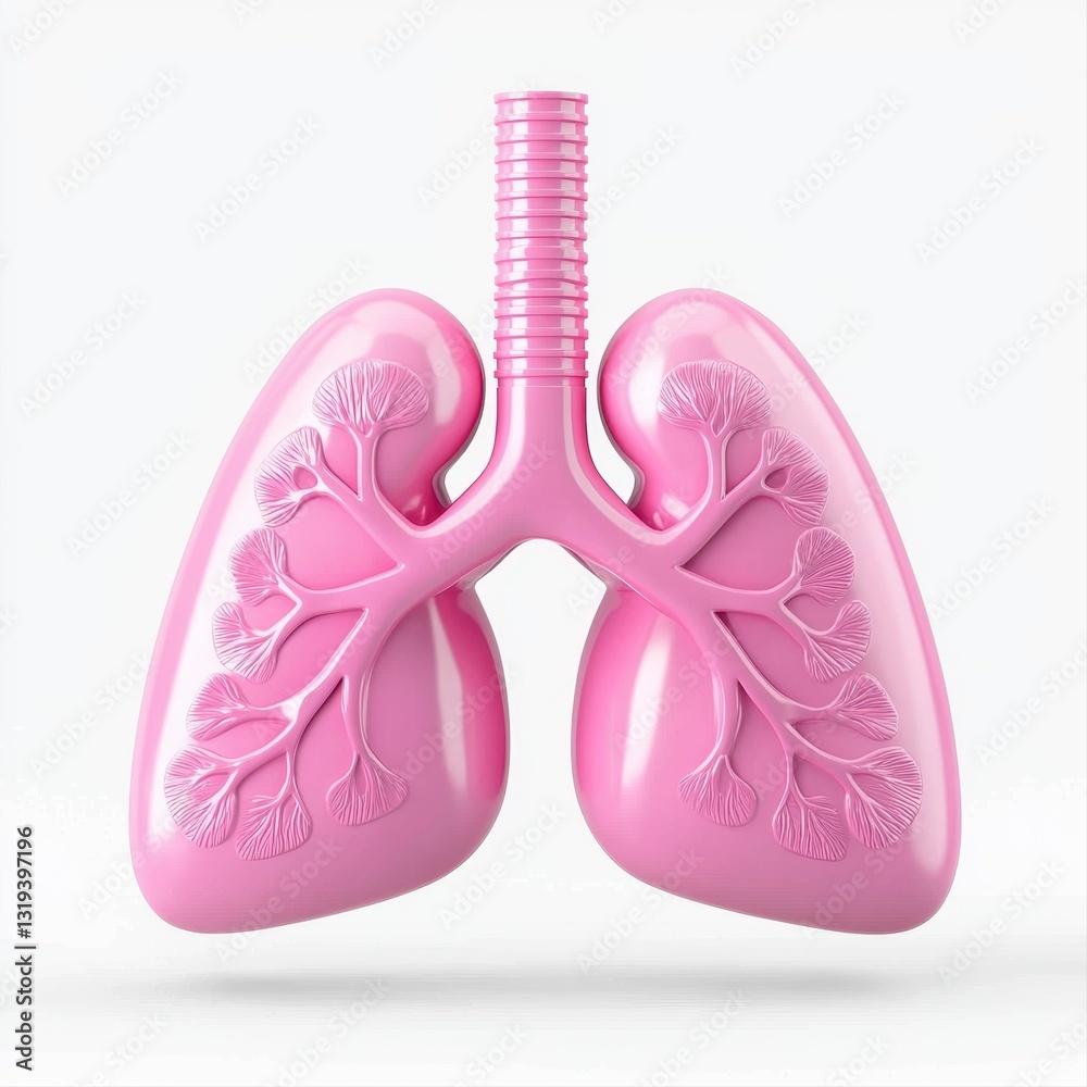 Pink 3D Render of Human Lungs with Detailed Bronchial Tree on White Background Pink 3D Render of Human Lungs with Detailed Bronchial Tree on White Background