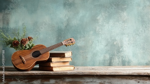 A charming wooden ukulele rests atop vintage books, with a beautiful background that emphasizes personal creativity and the deep connection between music and literature.
