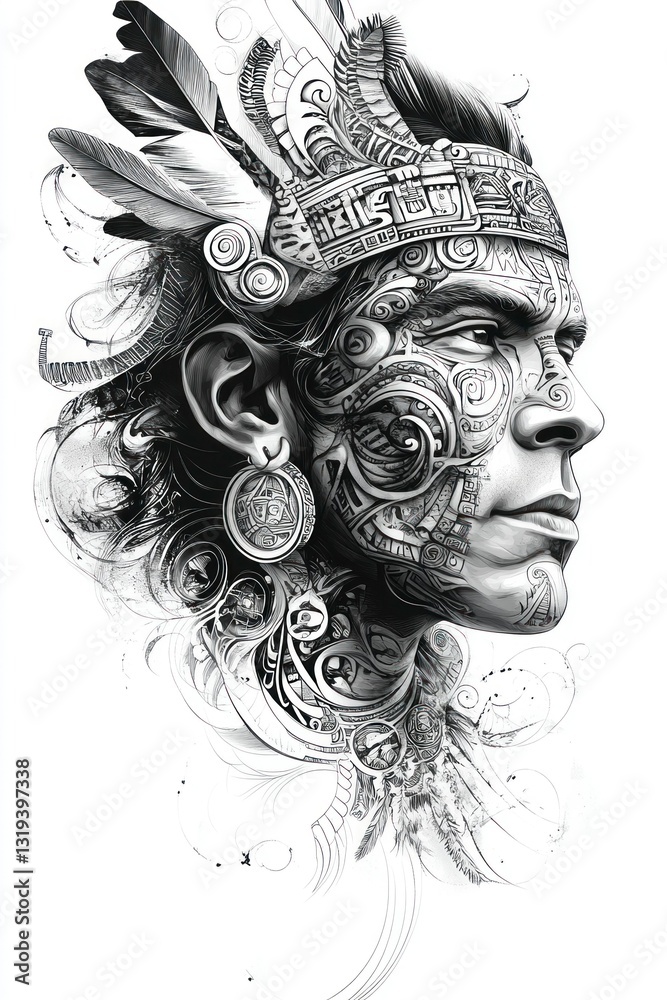 Fototapeta premium Ancient tribal warrior tattoo art polynesian and mayan influence gigapixel quality cultural heritage artistic perspective